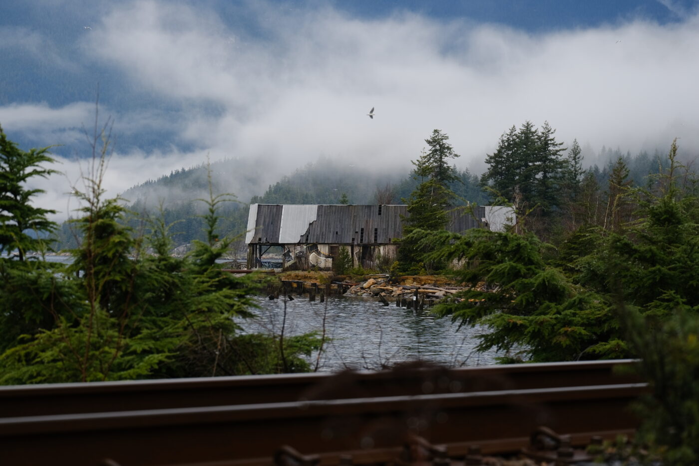 The abandoned warehouse at Britannia Beach waterfront, which developers hope to transform into an open-air picnic shelter.