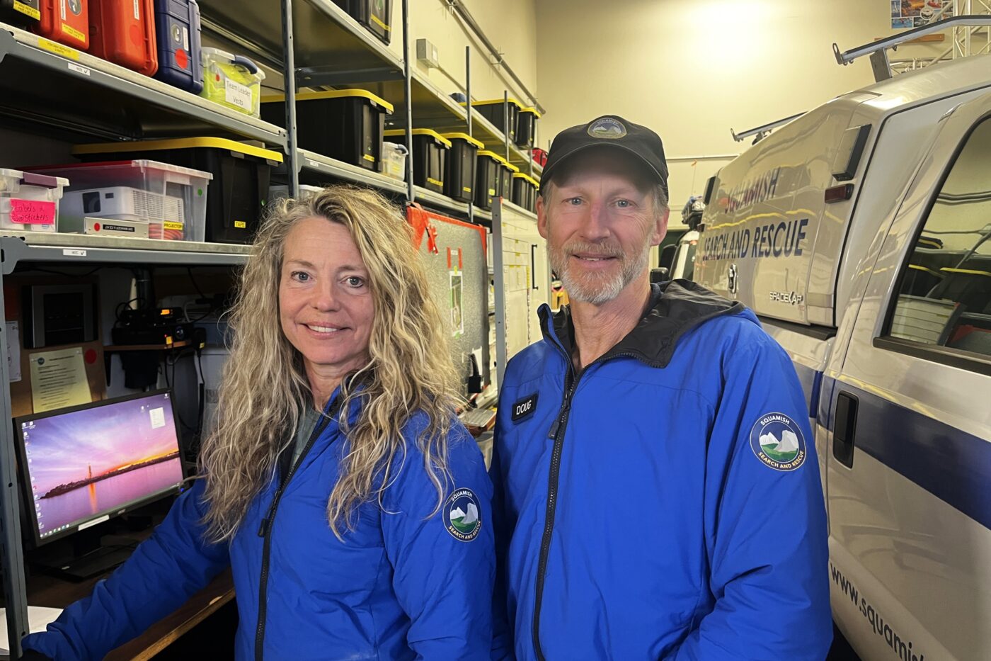 Michelle Bech (left) and Doug Woods at the Squamish Search and Rescue compound, where the two veterans have logged a combined 50-plus years of volunteer service.
