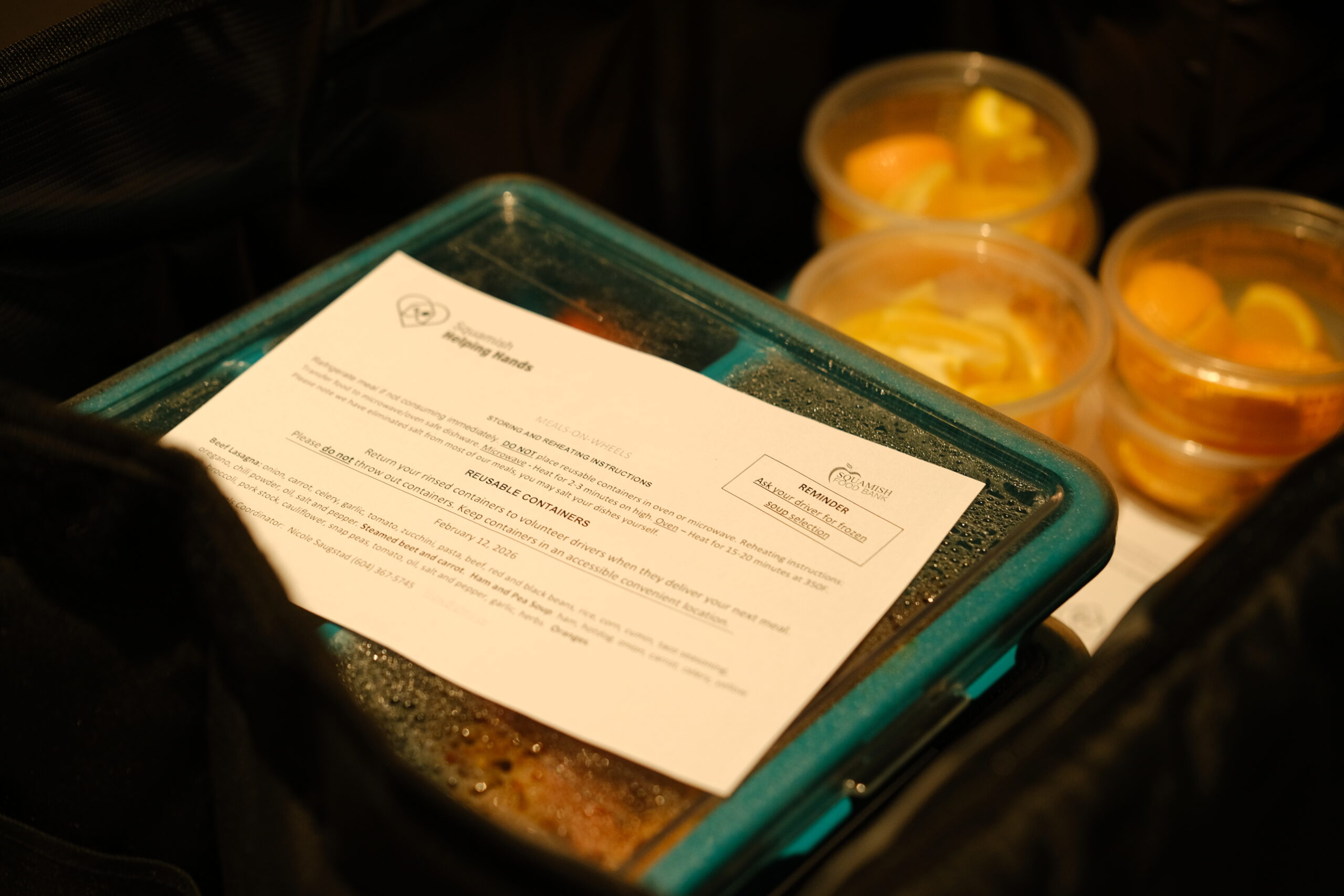 Fresh meals prepared at Squamish Helping Hands are packed into reusable containers for delivery through the Meals on Wheels program.