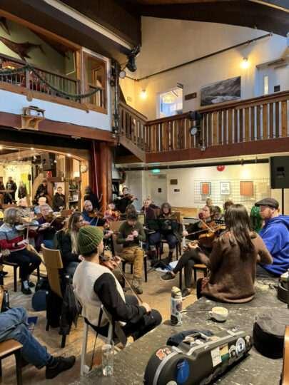 Coast Mountain Folk's free monthly folk sessions draw musicians and listeners to Brackendale Art Gallery. Photo: Coast Mountain Folk