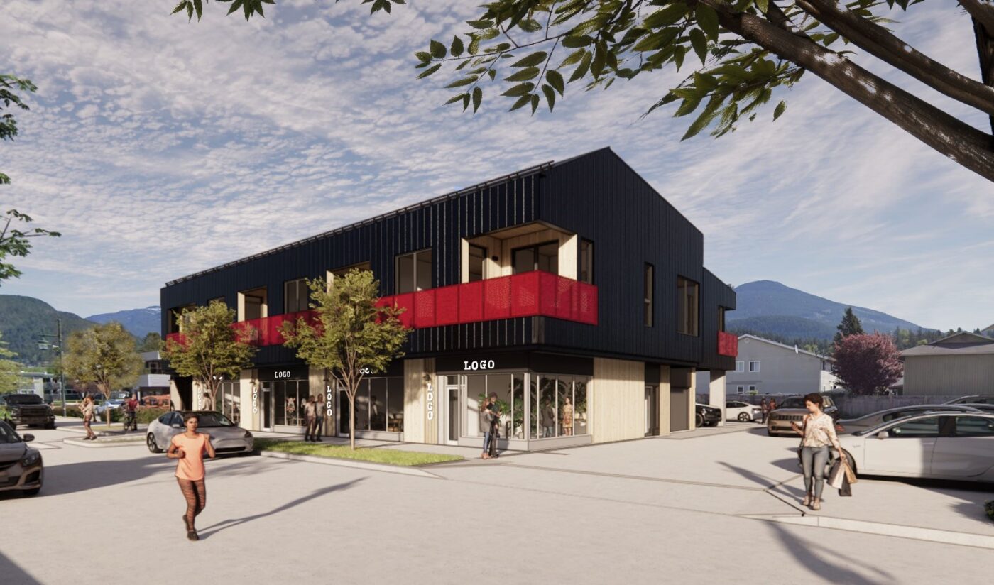 The proposed two-storey mixed-use building will feature 4 ground-floor commercial units and eight rental apartments above.