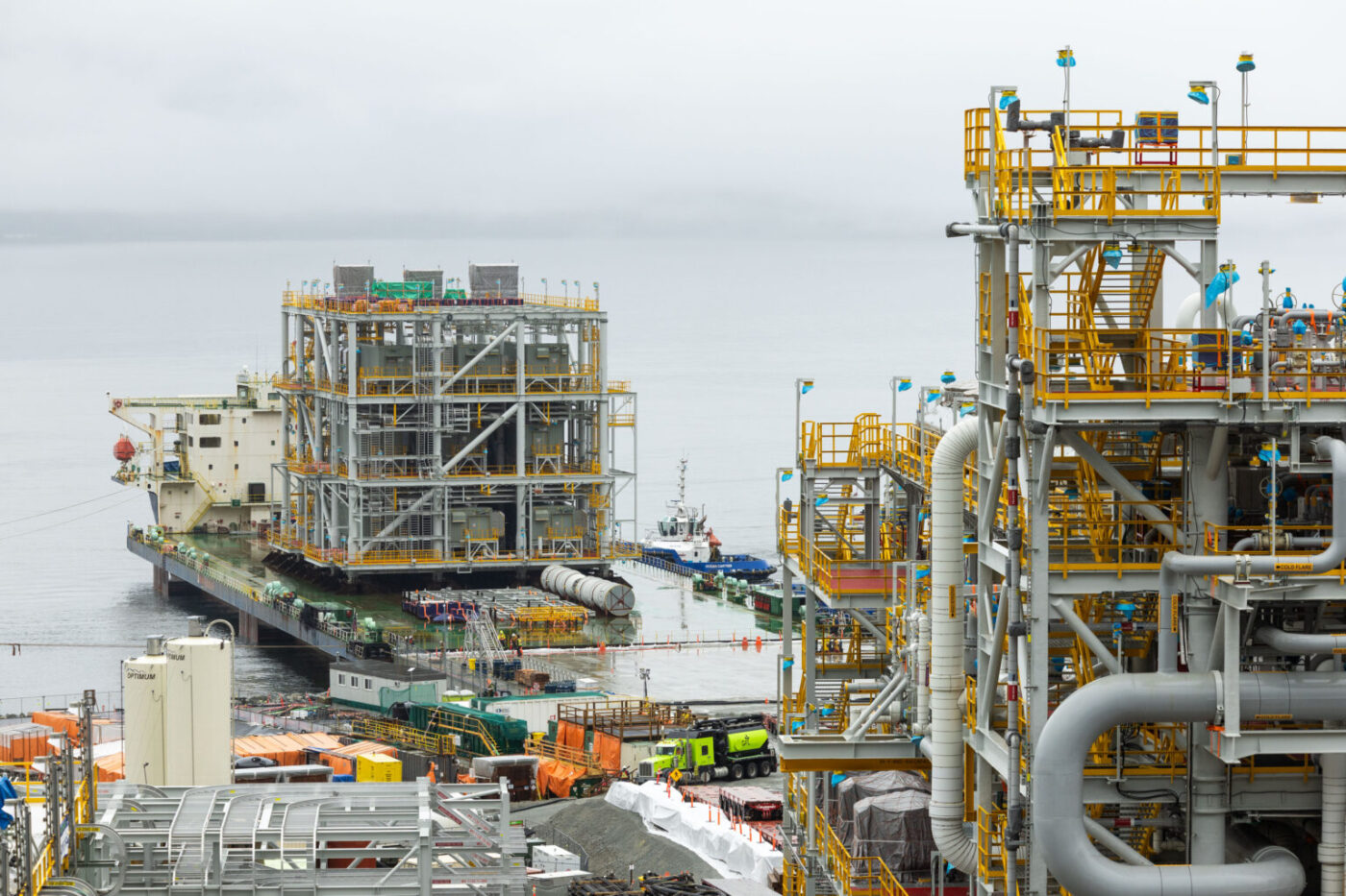 Woodfibre LNG's 4,200-metric-tonne powerhouse module arrives by vessel, marking the 16th of 19 modules delivered to the project site. Photo: Oisin McHugh