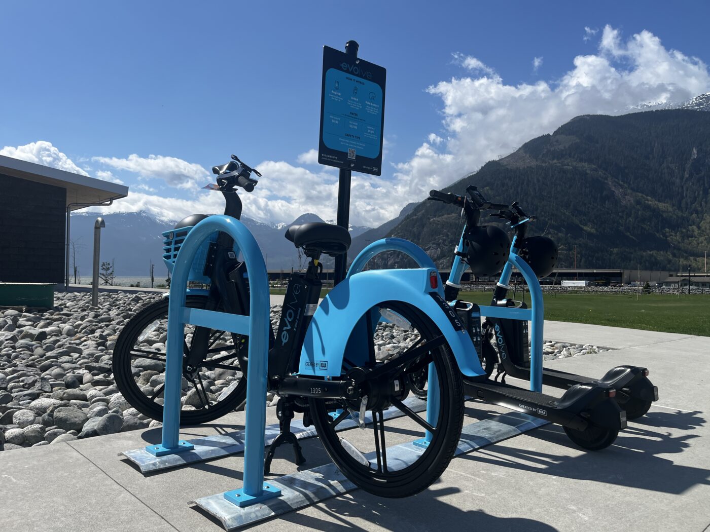 Evolve e-bikes and e-scooters at one of over 30 stations now operating across Squamish and Sḵwx̱wú7mesh Úxwumixw (Squamish Nation) lands. Photo: Owen Spillios-Hunter
