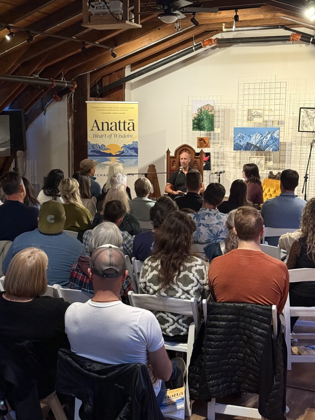 Michael Schauch speaks to a packed house at the Brackendale Art Gallery for the launch of Anattā: Heart of Wisdom